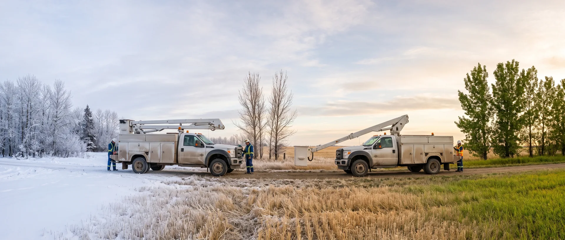 Two white 4x4 utility bucket trucks with single-person telescopic aerial booms parked on a prairie track, with hi-vis workers beside them, as the scene shifts from snow-laden spruce at the left through frosted stubble into green poplars and warm evening light at the right.
