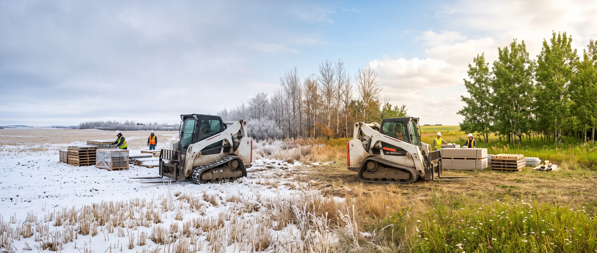 Two white compact track loaders on rubber tracks, both carrying pallet forks, working a stack of pallets and sheet goods across an open prairie field where snow at the left edge gives way to frosted birches, dry autumn grass and green summer poplars at the right; four workers in hard hats and hi-vis vests move materials nearby.