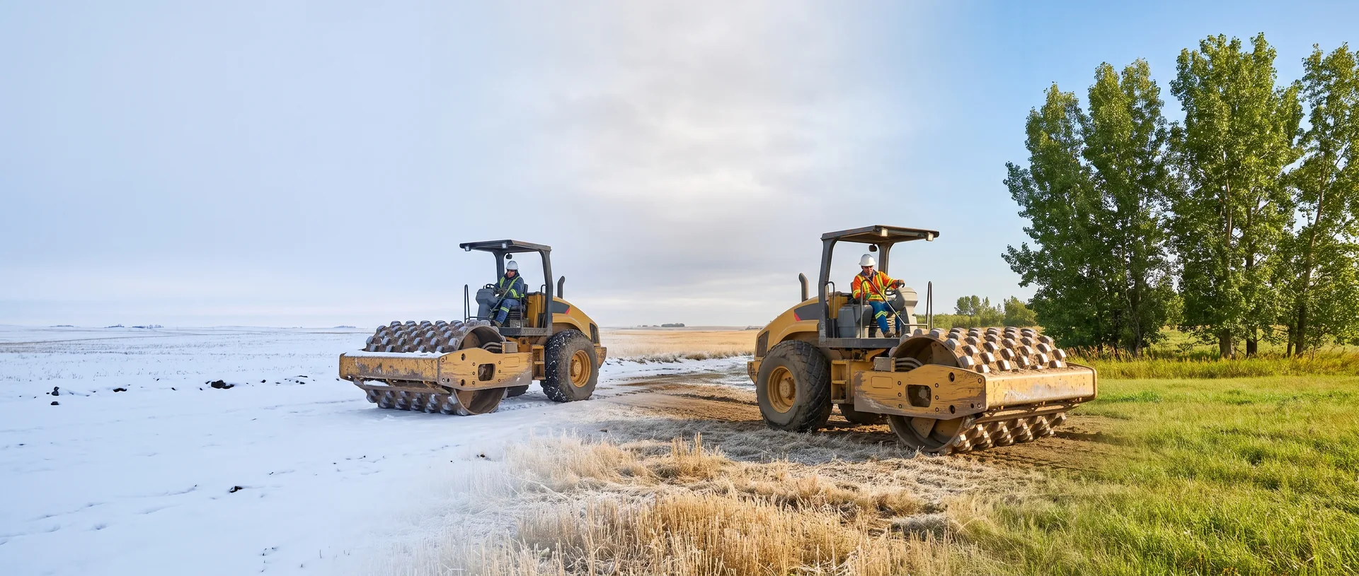 A compact articulated padfoot soil compactor with an open four-post canopy works a strip of bare graded soil at right while a second identical machine sits on the snow-covered half of the same prairie field, the ground shifting from snow through frosted golden stubble to green summer grass and trees.