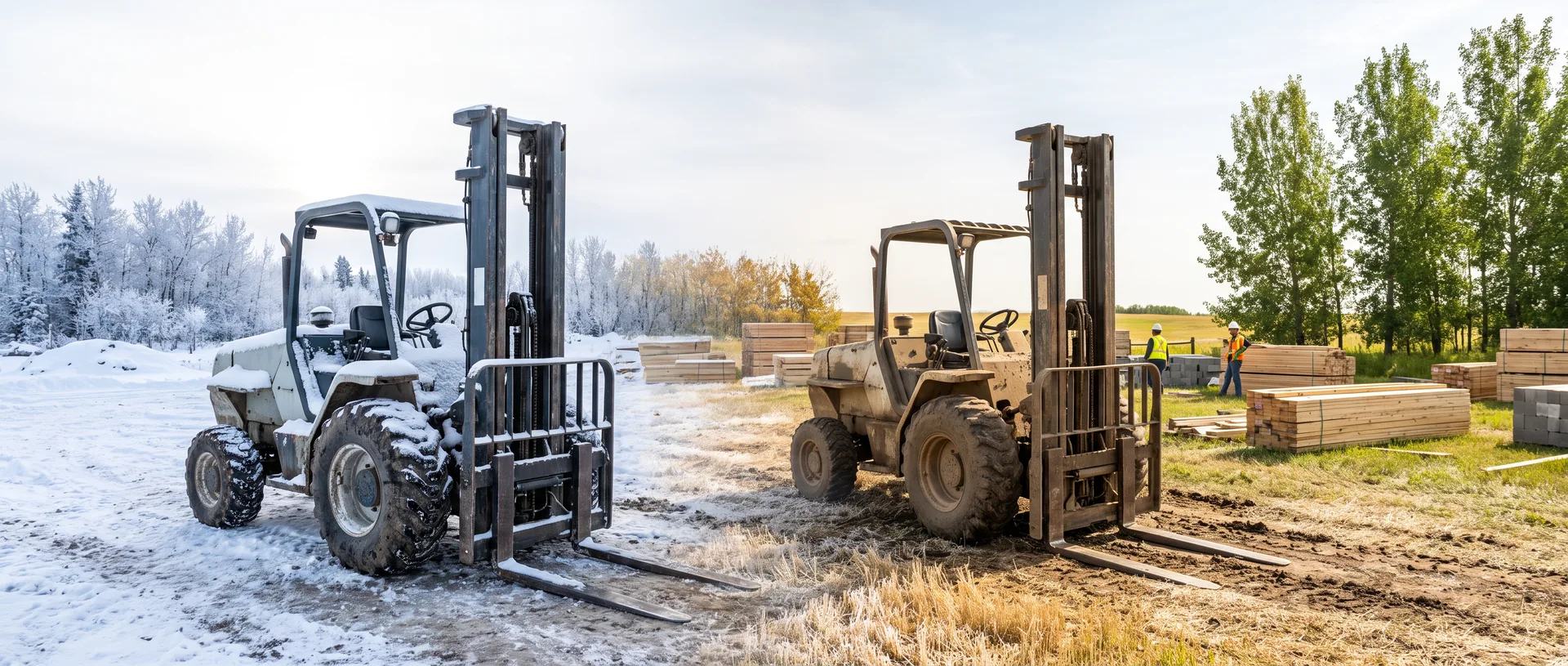 Two vertical-mast rough terrain forklifts parked on a lumber yard, the near one snow-covered on frozen ground at left and the far one dust-caked on dry grass at right, with frosted winter trees fading through golden autumn poplars into full green summer behind them and banded lumber bundles and two hard-hatted workers in the sunlit right half.