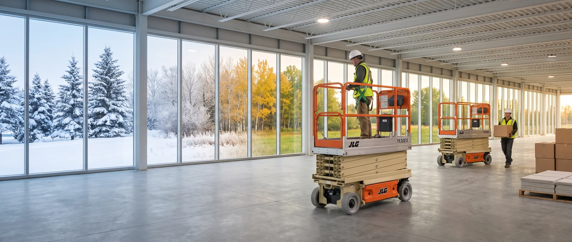 Two orange-railed electric scissor lifts with their platforms lowered in a bright, empty commercial space under fit-out. One worker in a harness stands on the nearer platform and another carries a box past the farther lift, while the long wall of windows behind shows snow at the left giving way to golden autumn aspen and green summer grass at the right.