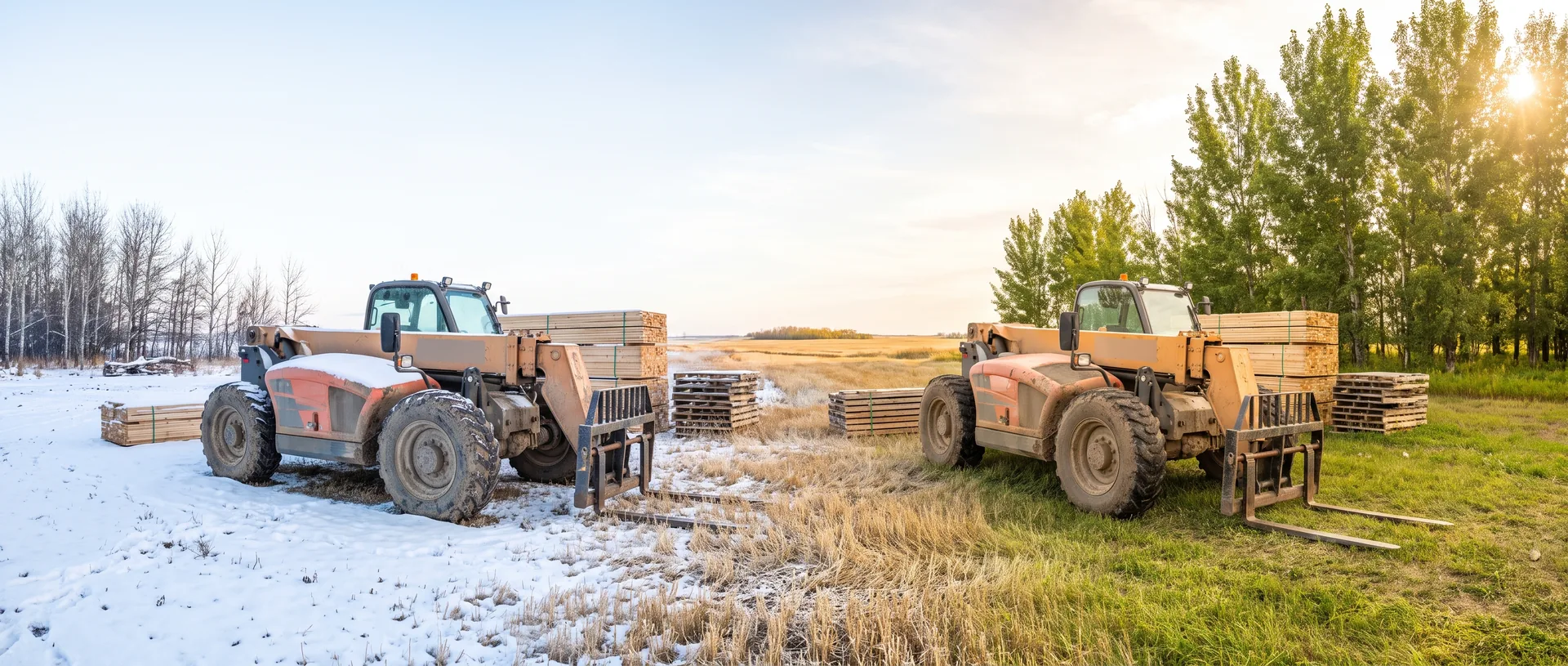 Two rough-terrain telehandlers with lowered booms and empty forks parked on open prairie, the left one in snow under bare grey aspen and the right one on green grass in low golden light, with banded lumber and stacked pallets behind them.