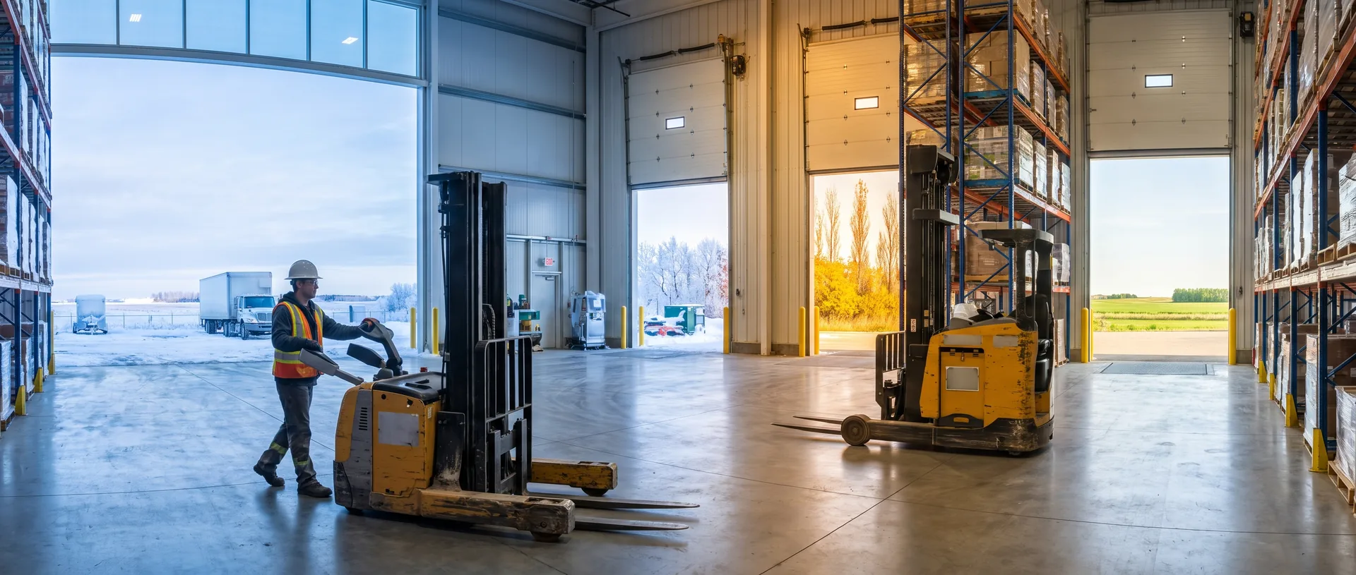 Inside a wide warehouse dock, a worker in a hi-vis vest and hard hat walks a yellow electric straddle stacker across polished concrete while a second yellow electric reach truck stands further down the bay, with a snowy yard visible through the near opening, golden autumn poplars through the middle dock door and a green summer field through the far one.