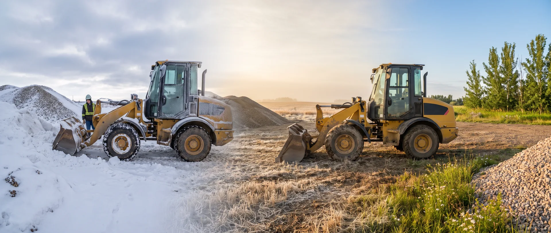Two compact yellow articulated wheel loaders in a prairie yard, the near one parked in deep snow with a worker in a hard hat and hi-vis vest standing beside its bucket, the far one on dry golden grass under a hazy sunrise with green trees behind.