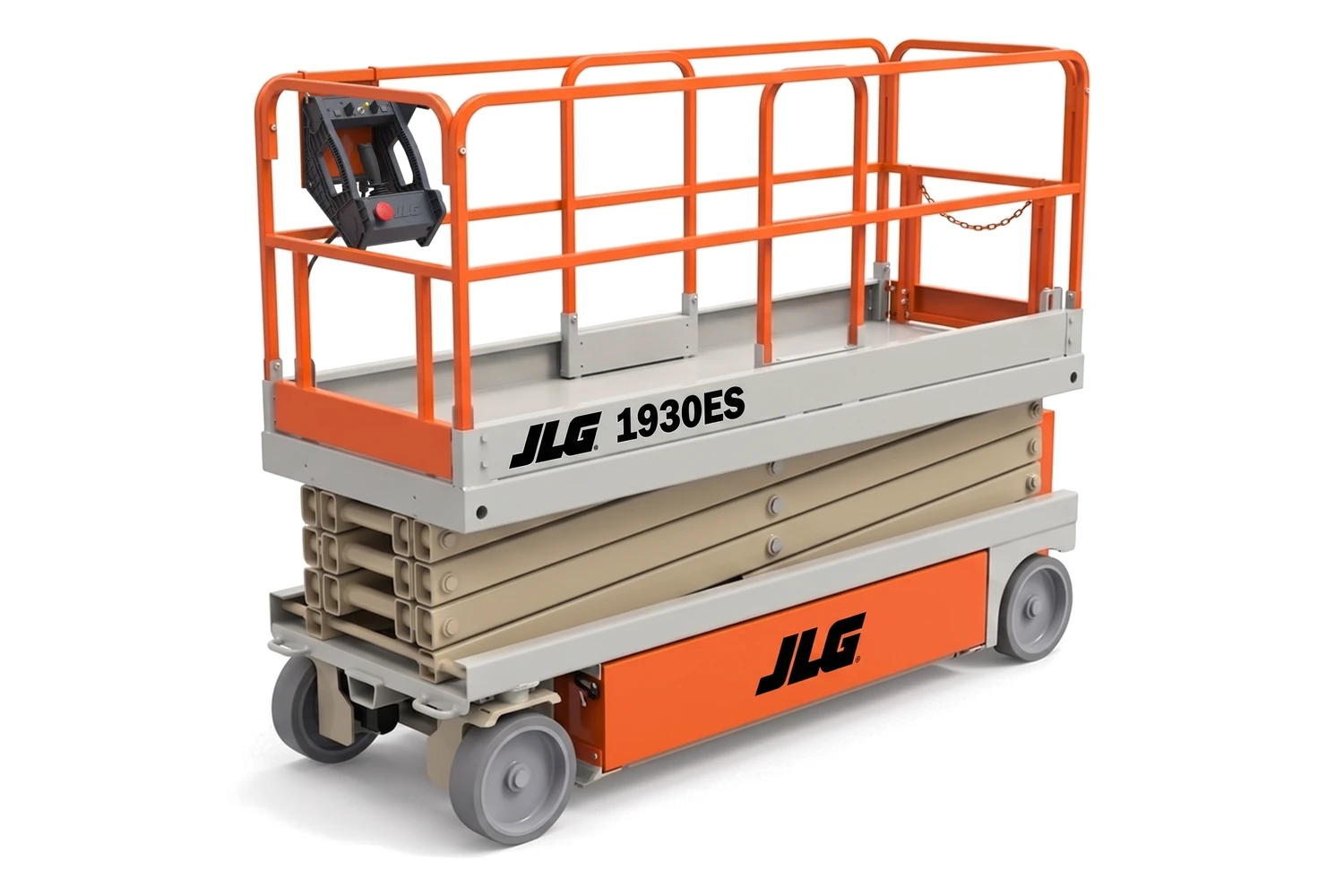 An electric slab scissor lift with orange guardrails, JLG 1930ES decals and its platform lowered, shown against a plain white background.