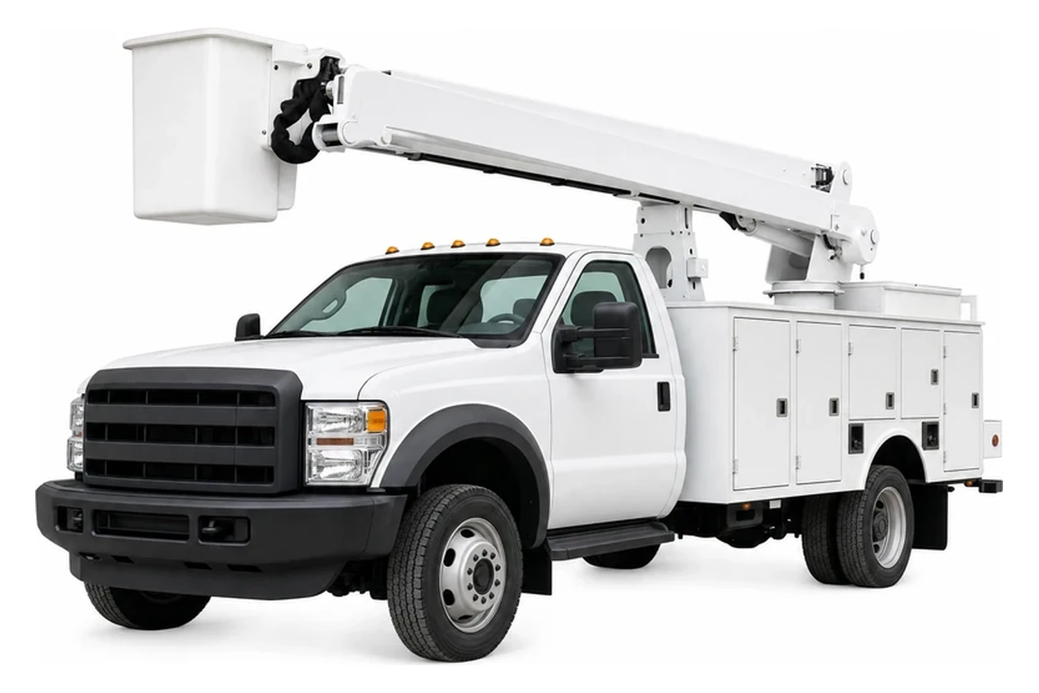 An insulated aerial bucket truck on a four-wheel-drive dually chassis, with the boom raised and an enclosed service body, photographed against a plain white background.