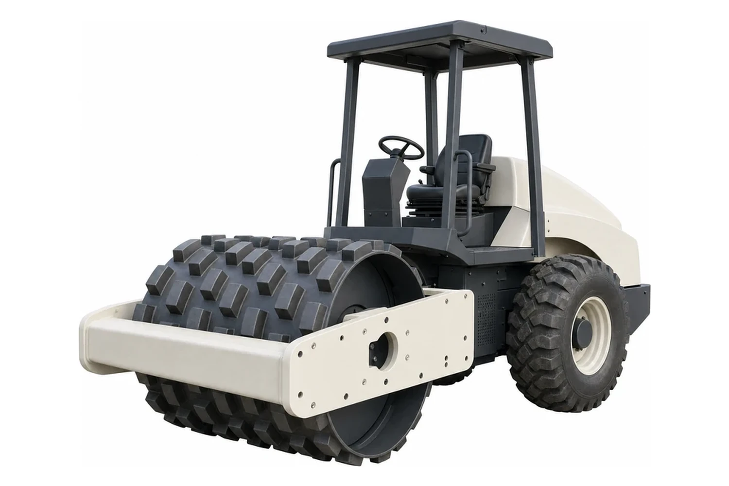 A single-drum padfoot soil compactor with an open operator station under a four-post ROPS canopy, photographed against a plain white background.