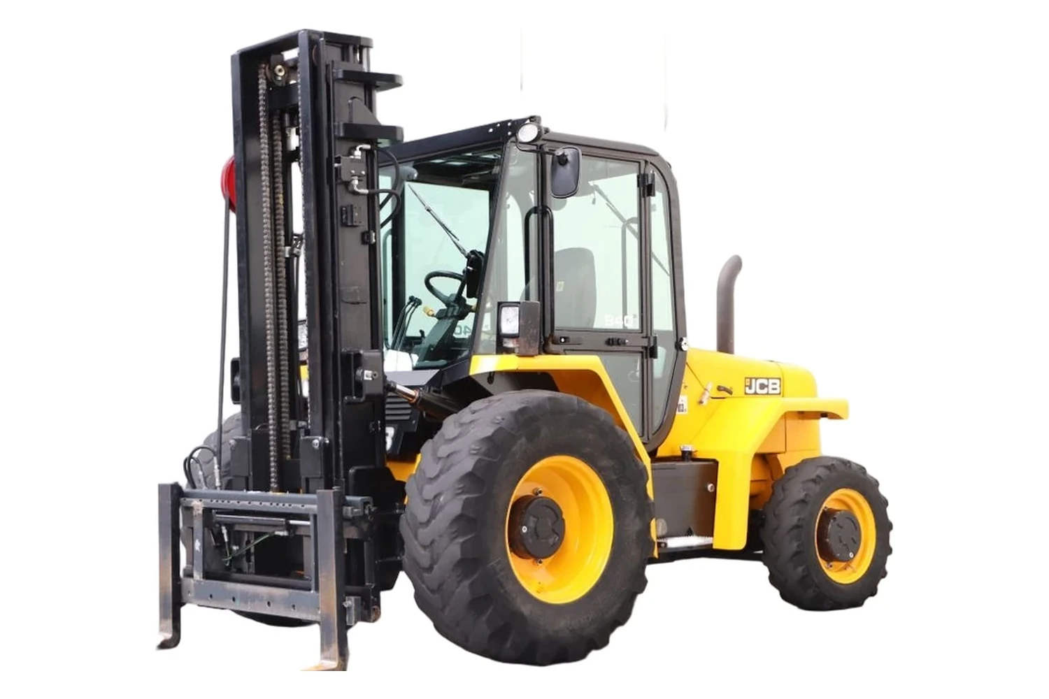 A JCB 940 four-wheel-drive rough terrain forklift with a three-stage mast and pneumatic tyres, photographed against a plain white background.