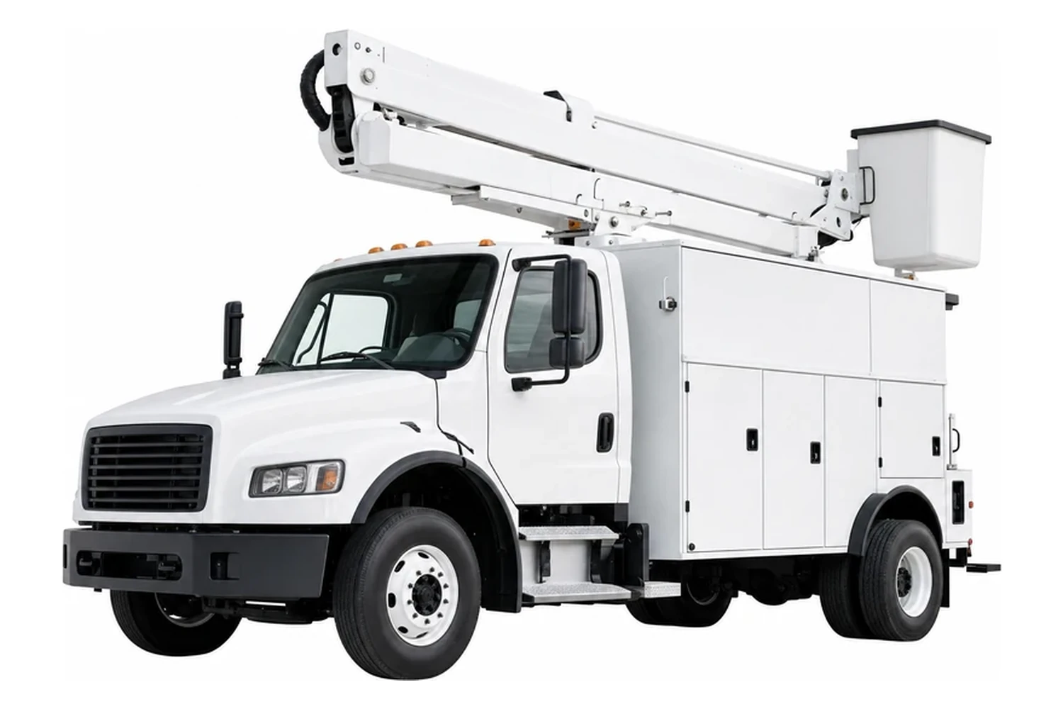 A service bucket truck with an enclosed walk-in body and a telescopic boom, photographed against a plain white background.