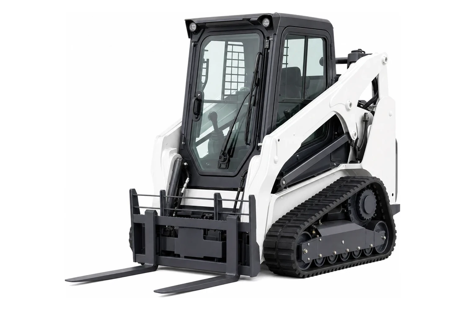 A compact track loader on rubber tracks with an enclosed cab and pallet forks, photographed against a plain white background.