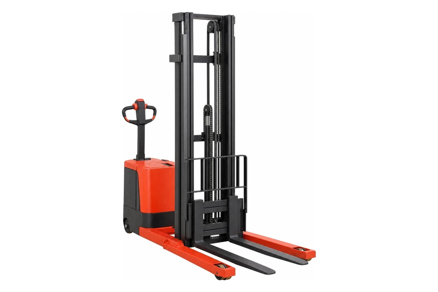 An electric walk-behind straddle stacker with a tiller handle, two-stage mast and straddle legs, photographed against a plain white background.