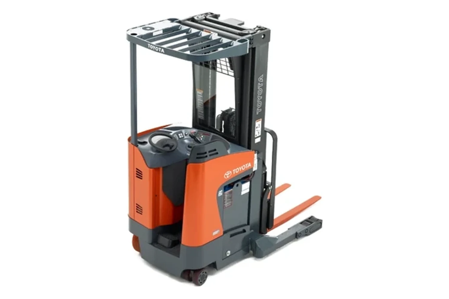 A Toyota stand-up electric narrow-aisle reach truck, photographed against a plain white background.