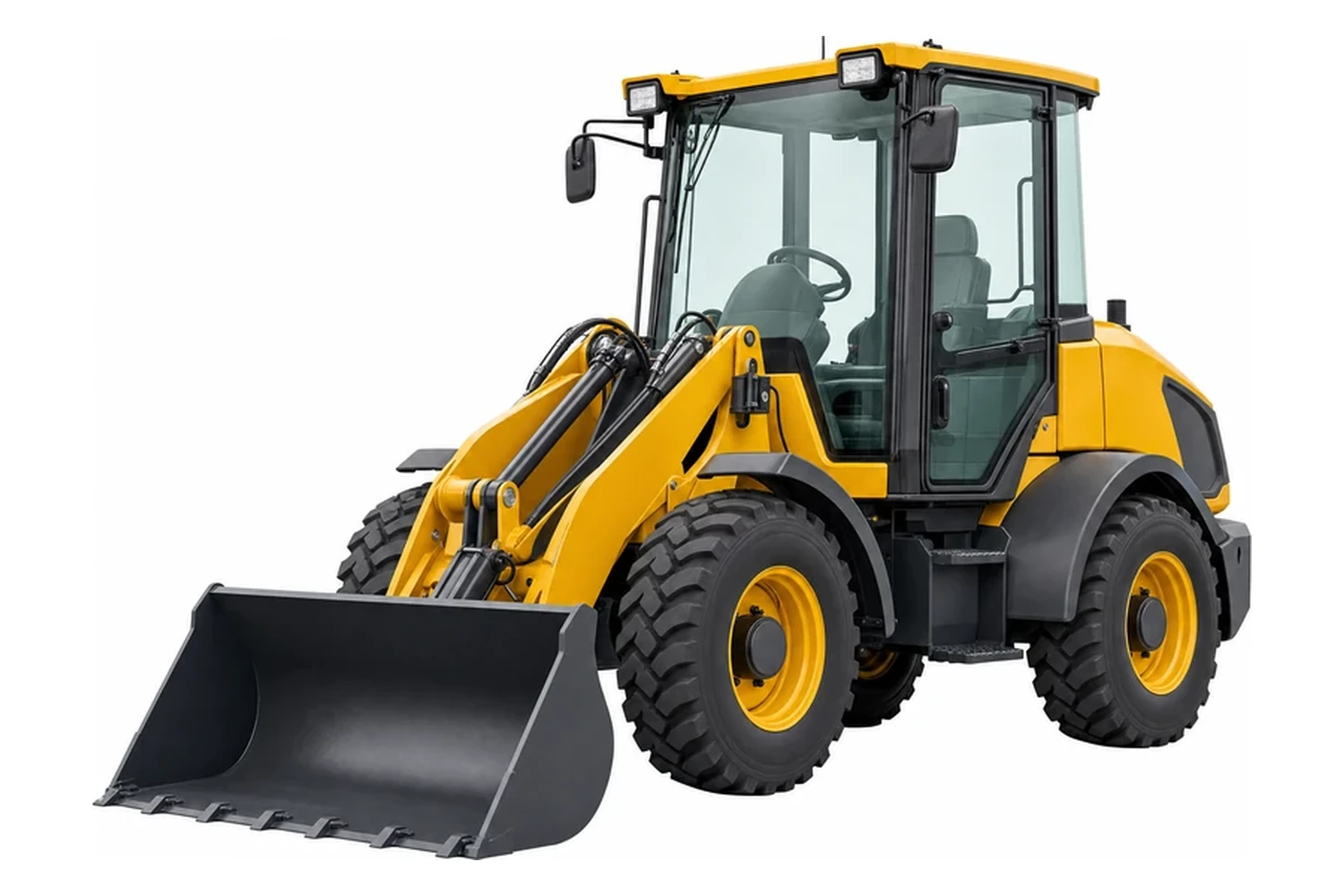 A compact articulated wheel loader with a general-purpose bucket and an enclosed cab, photographed against a plain white background.