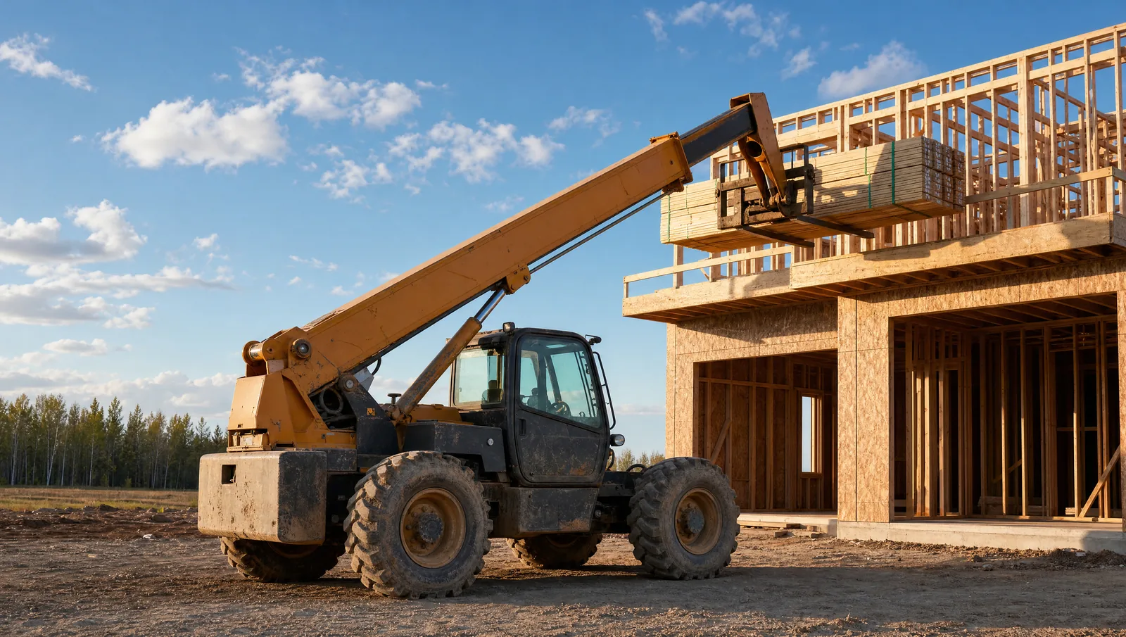 A telescopic handler with its boom extended up and forward over the second-storey deck of a wood-framed house