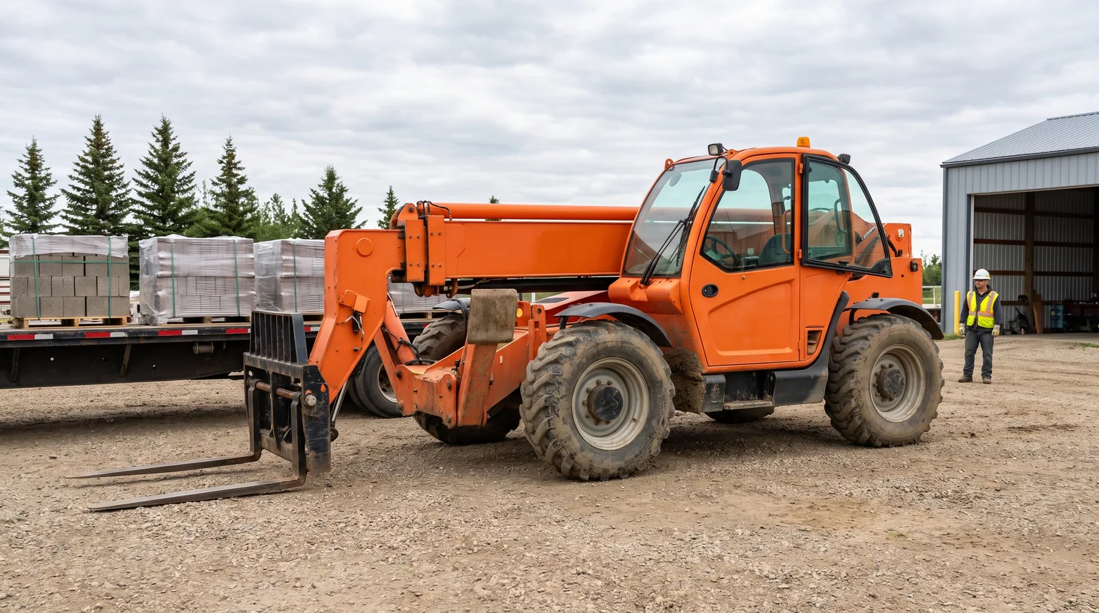 Orange telescopic handler with plain forks lowered on gravel beside a flatbed of block pallets, worker in hi-vis nearby.