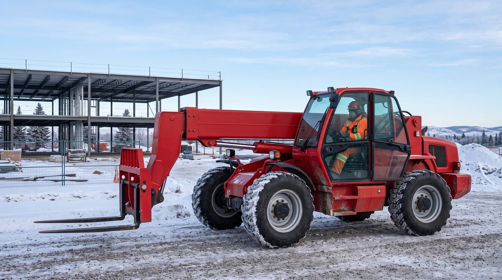 A red telescopic handler parked on plowed snow at a steel-framed building site
