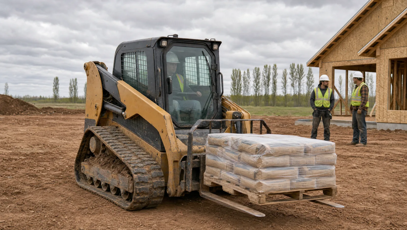 A yellow rubber-tracked compact loader lines up with its pallet forks lowered to the dirt beside a shrink-wrapped pallet of bagged mortar