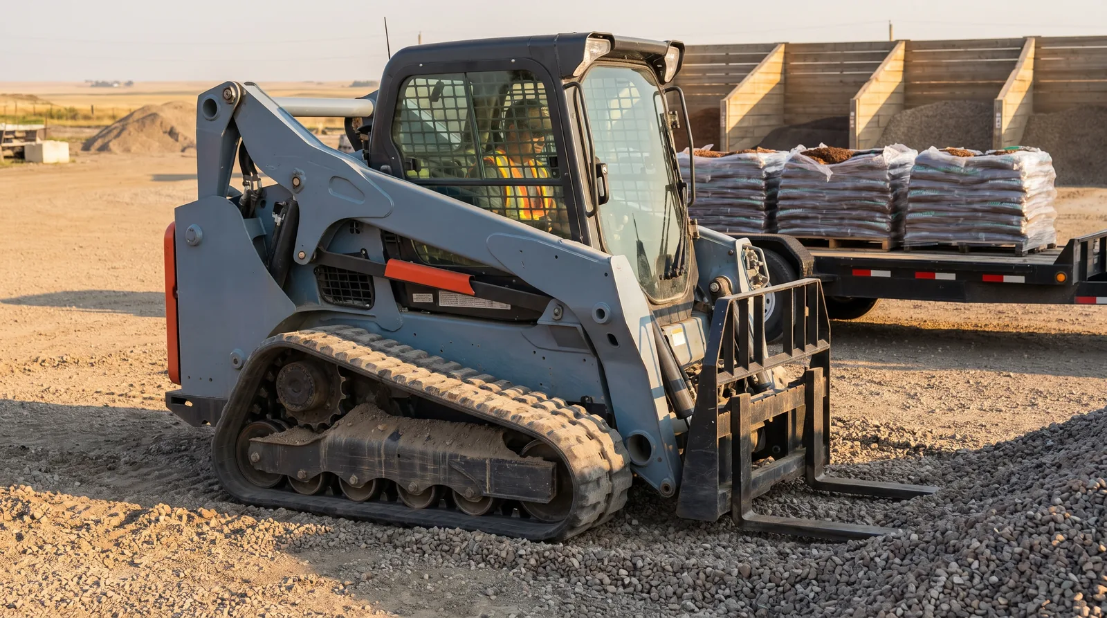 A slate-grey rubber-tracked compact loader stands on gravel in a landscaping supply yard at golden hour
