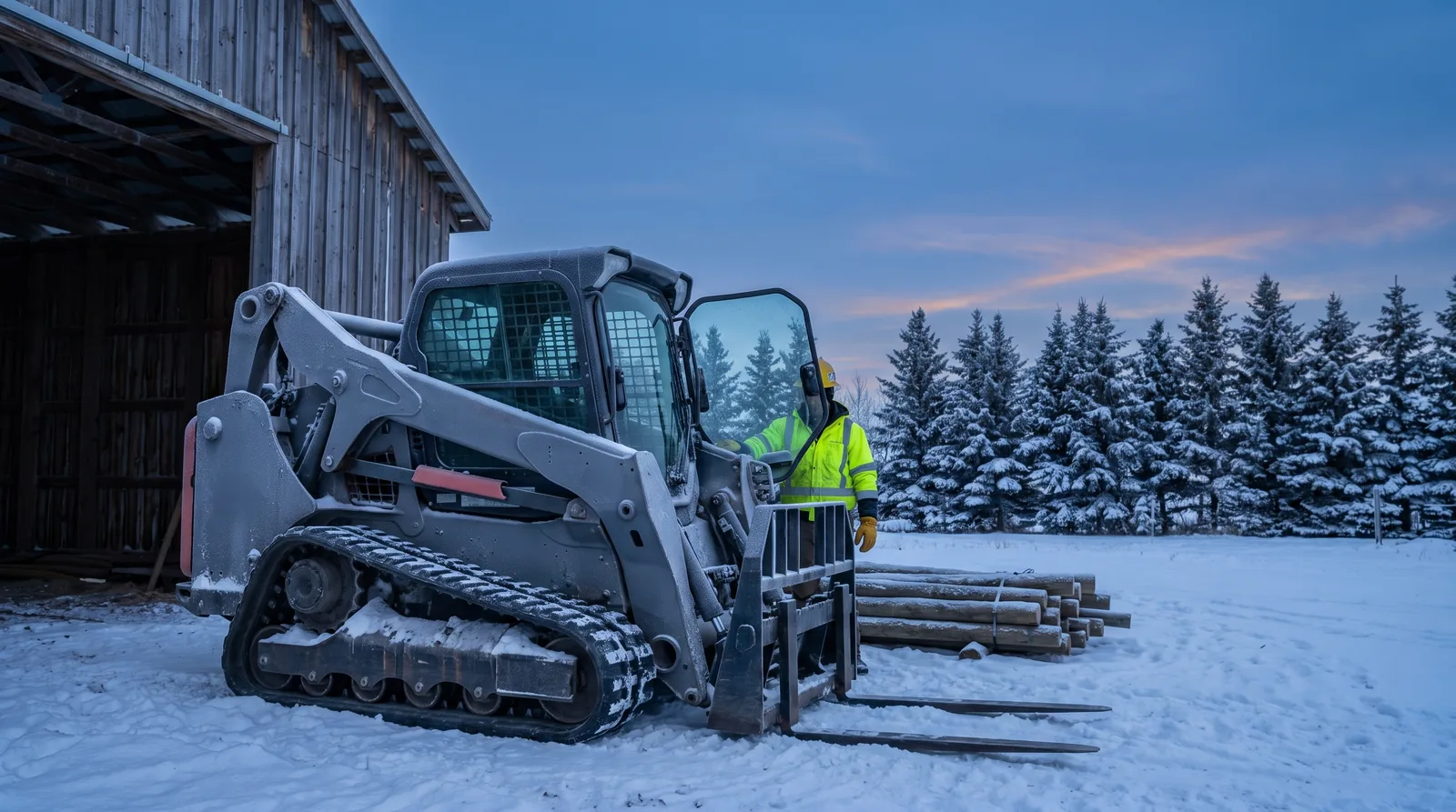 A grey rubber-tracked compact loader parked on packed snow beside a weathered timber barn at blue dusk