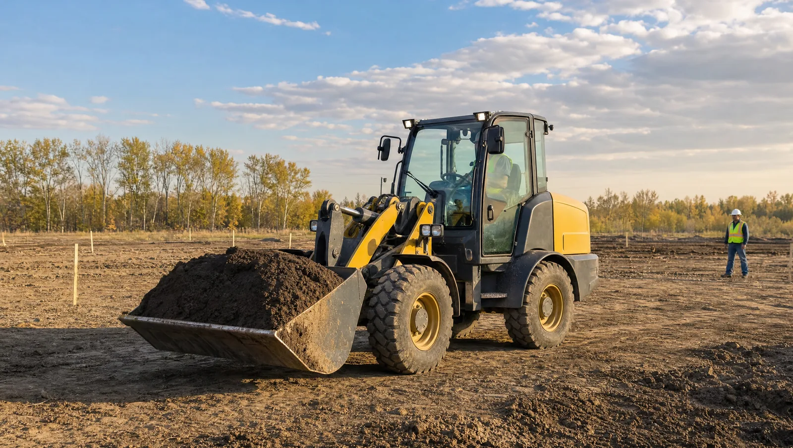 A compact articulated wheel loader carrying a heaped bucket of dark topsoil low across a rough-graded acreage lot in late-afternoon light