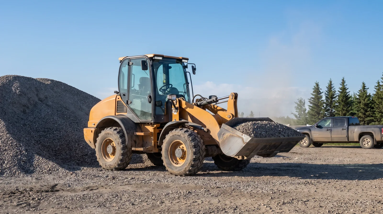 Compact articulated wheel loader carrying a gravel-filled bucket in a dusty aggregate yard, stockpile at left, pickup truck behind.