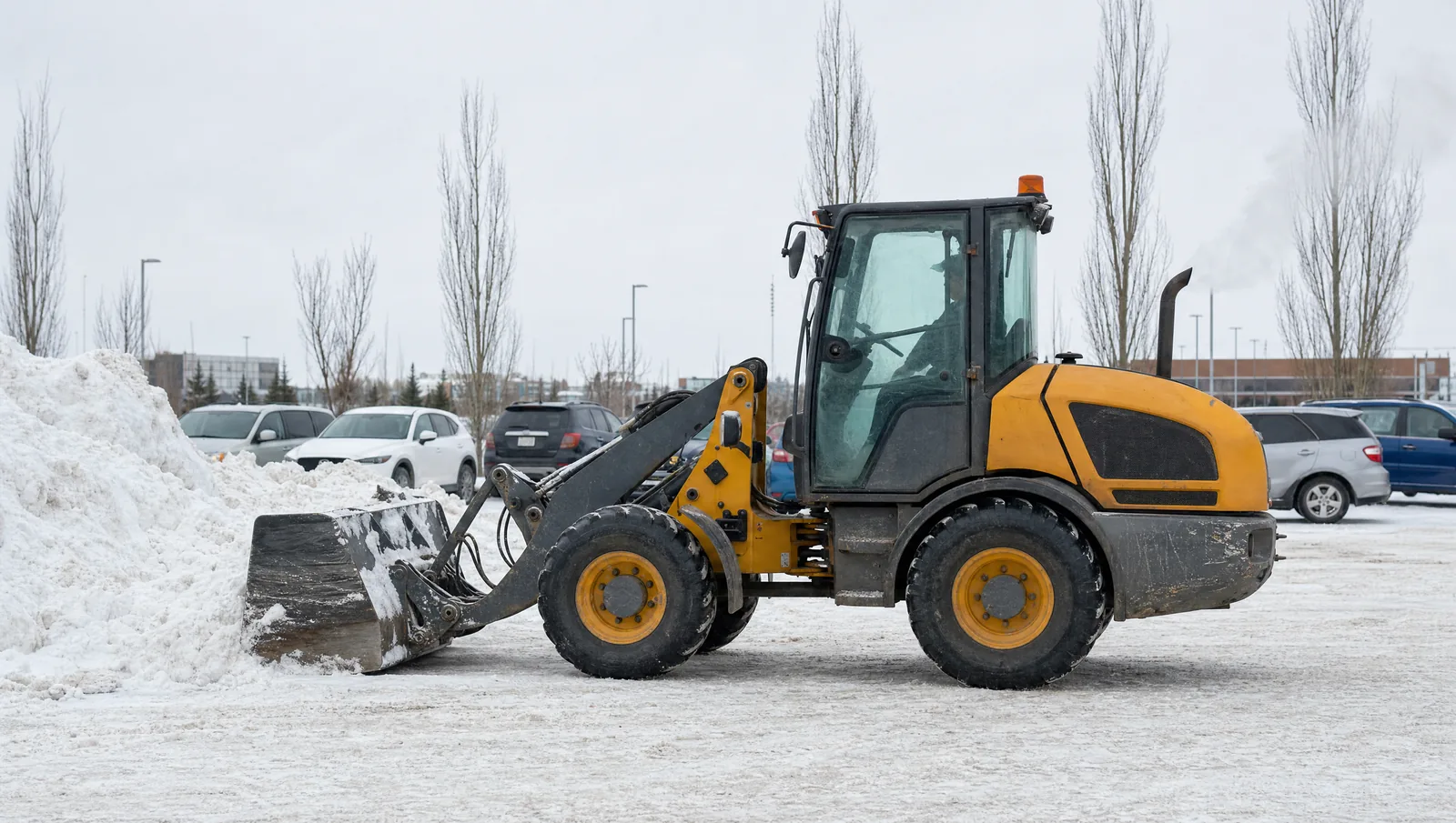 Side view of a compact articulated wheel loader on a snow-covered commercial lot, its snow-caked bucket lowered beside a pushed pile of snow