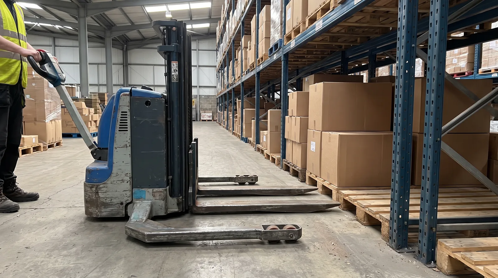 A worn blue and grey electric walk-behind straddle stacker standing empty in a warehouse racking aisle