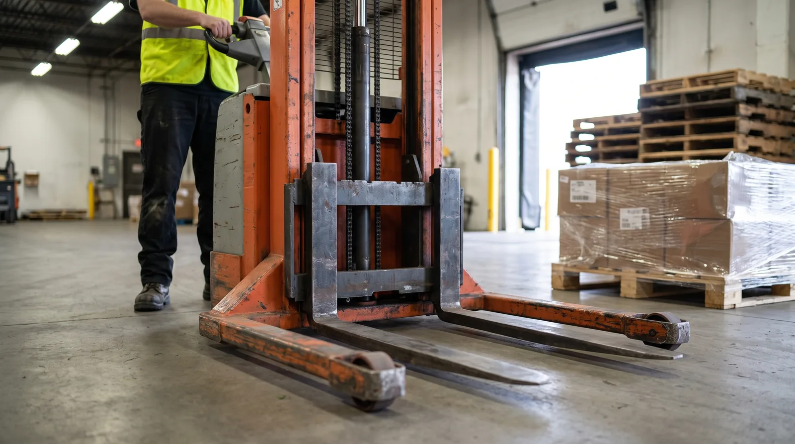 Low close-up of the front end of an orange electric walk-behind straddle stacker on a warehouse floor