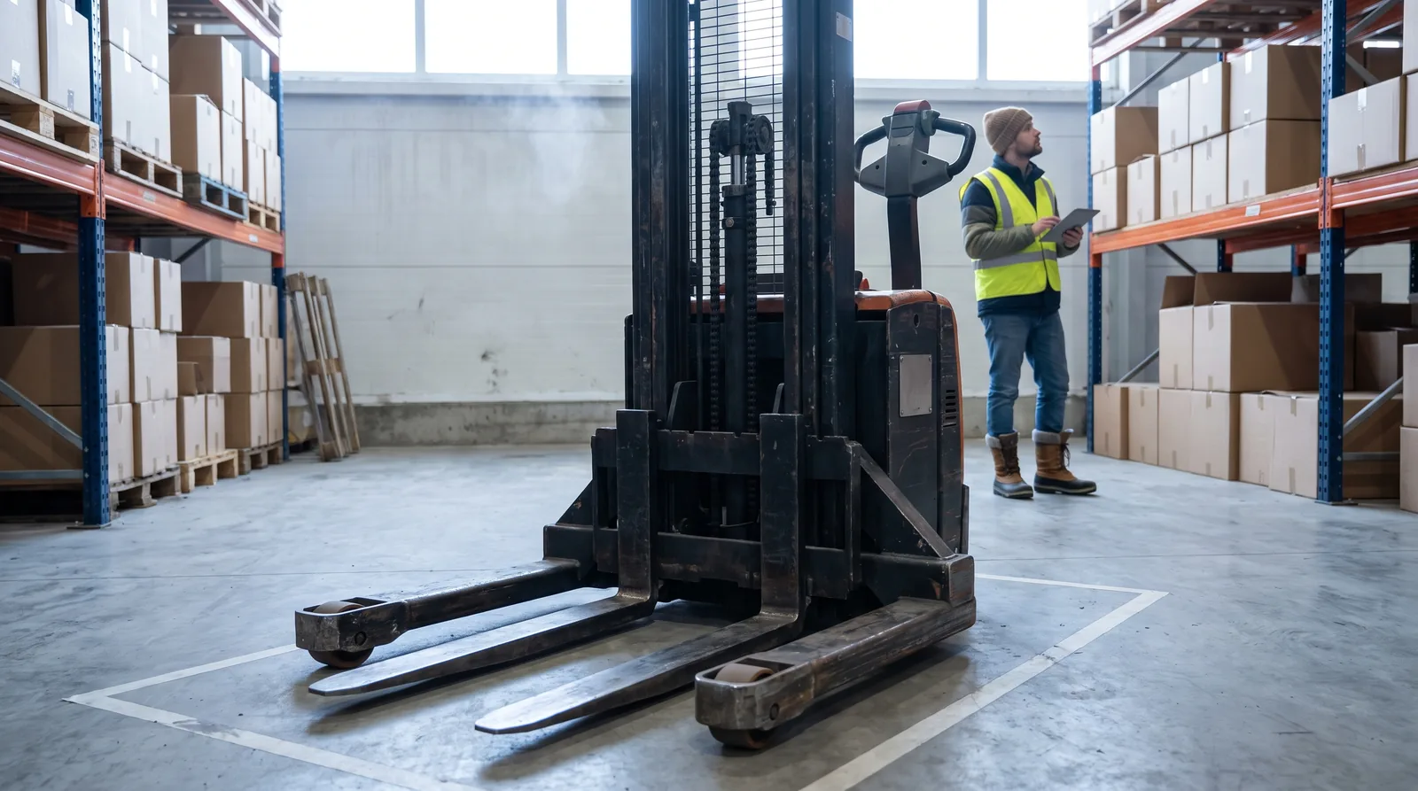 A dark, well-used electric walk-behind straddle stacker parked inside the painted lines of a warehouse staging bay