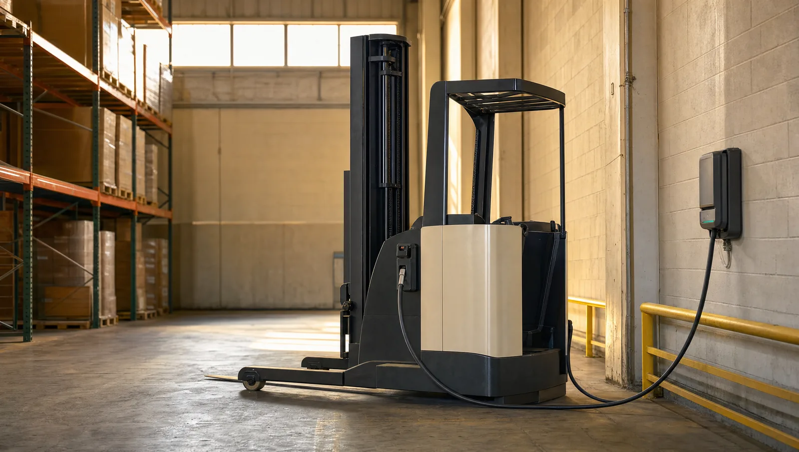A dark grey stand-up electric narrow-aisle reach truck parked in profile against a warehouse block wall, its mast nested