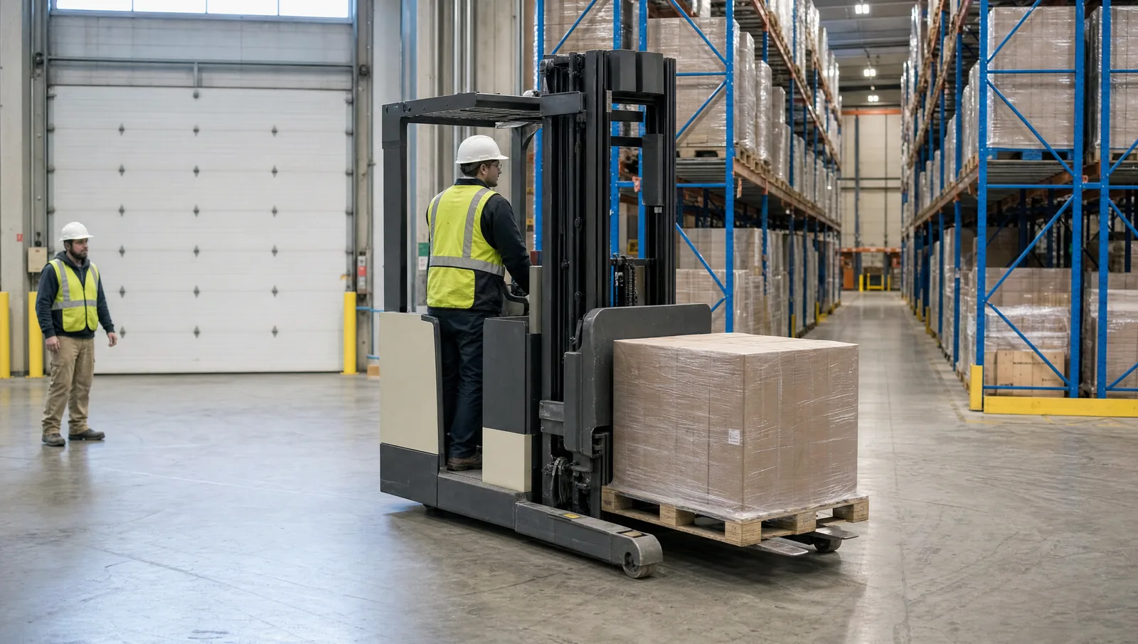 An operator in a hi-vis vest and white hard hat stands sideways under the overhead guard of an electric reach truck