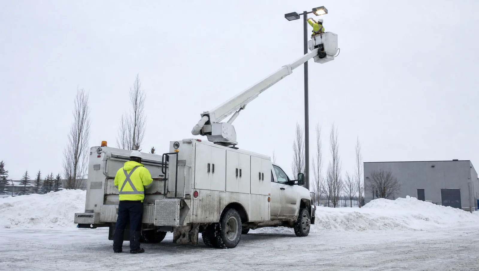 A white insulated aerial service truck on packed snow in an industrial yard under flat winter light