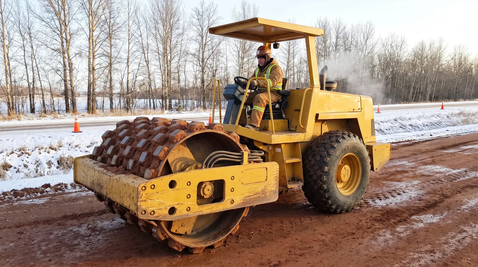 Side view of a compact padfoot soil compactor packing damp clay road subgrade on a cold winter morning