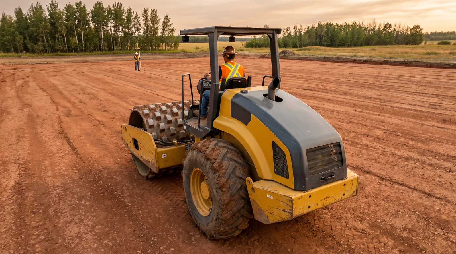 Rear three-quarter view of a compact articulated padfoot soil compactor rolling a wide red-brown clay building pad on open prairie at dusk