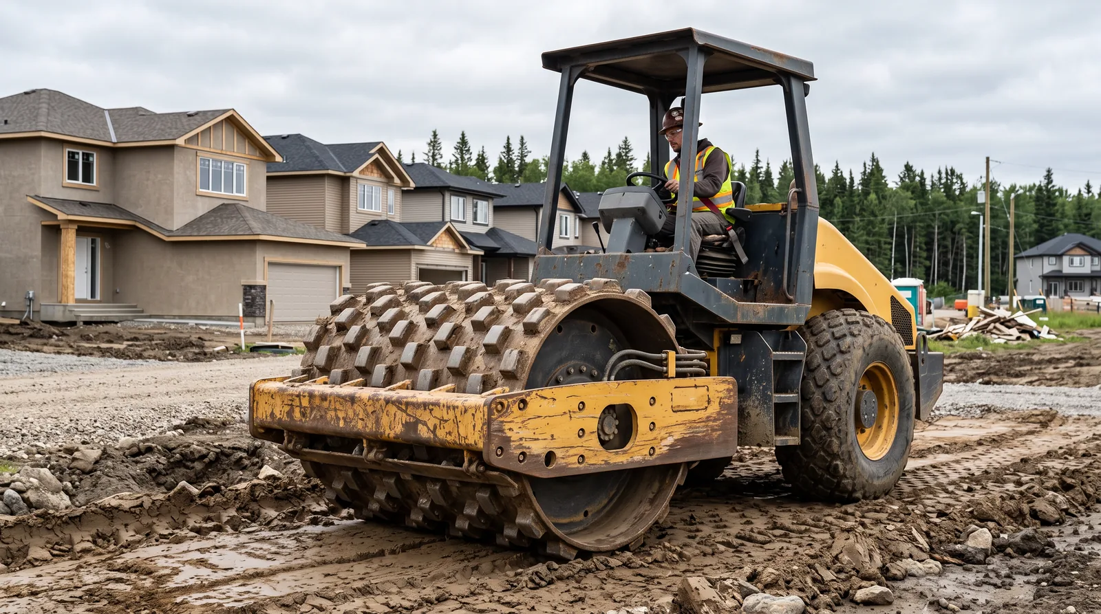 A compact articulated padfoot soil compactor standing on churned wet clay in a half-built residential subdivision