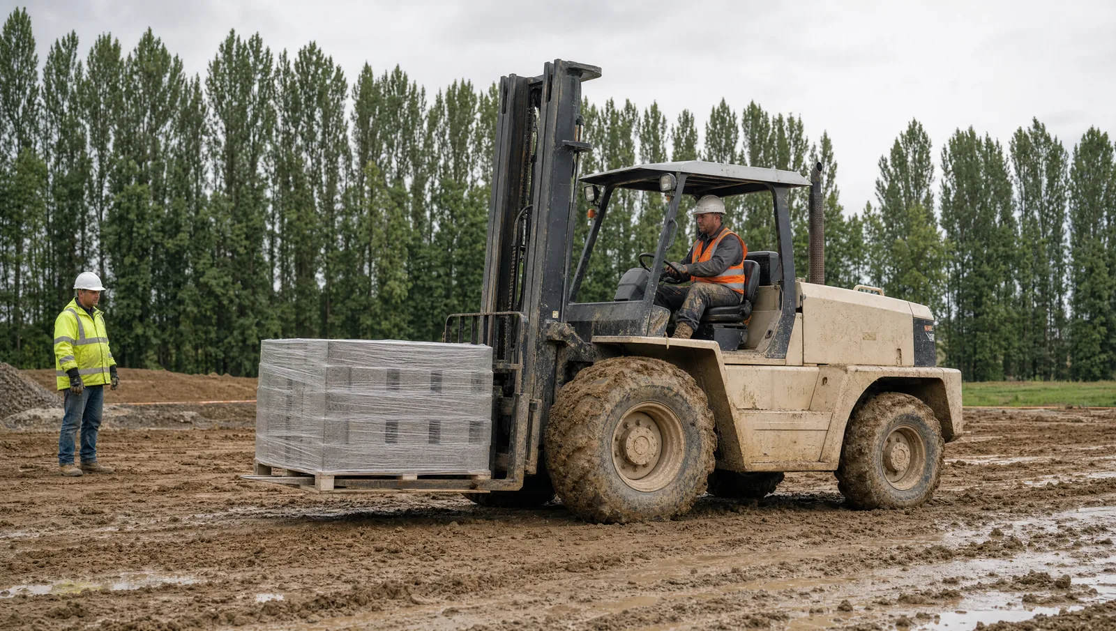A mud-caked rough terrain forklift on deep-lug flotation tyres carrying a shrink-wrapped cube of concrete block just off the ground