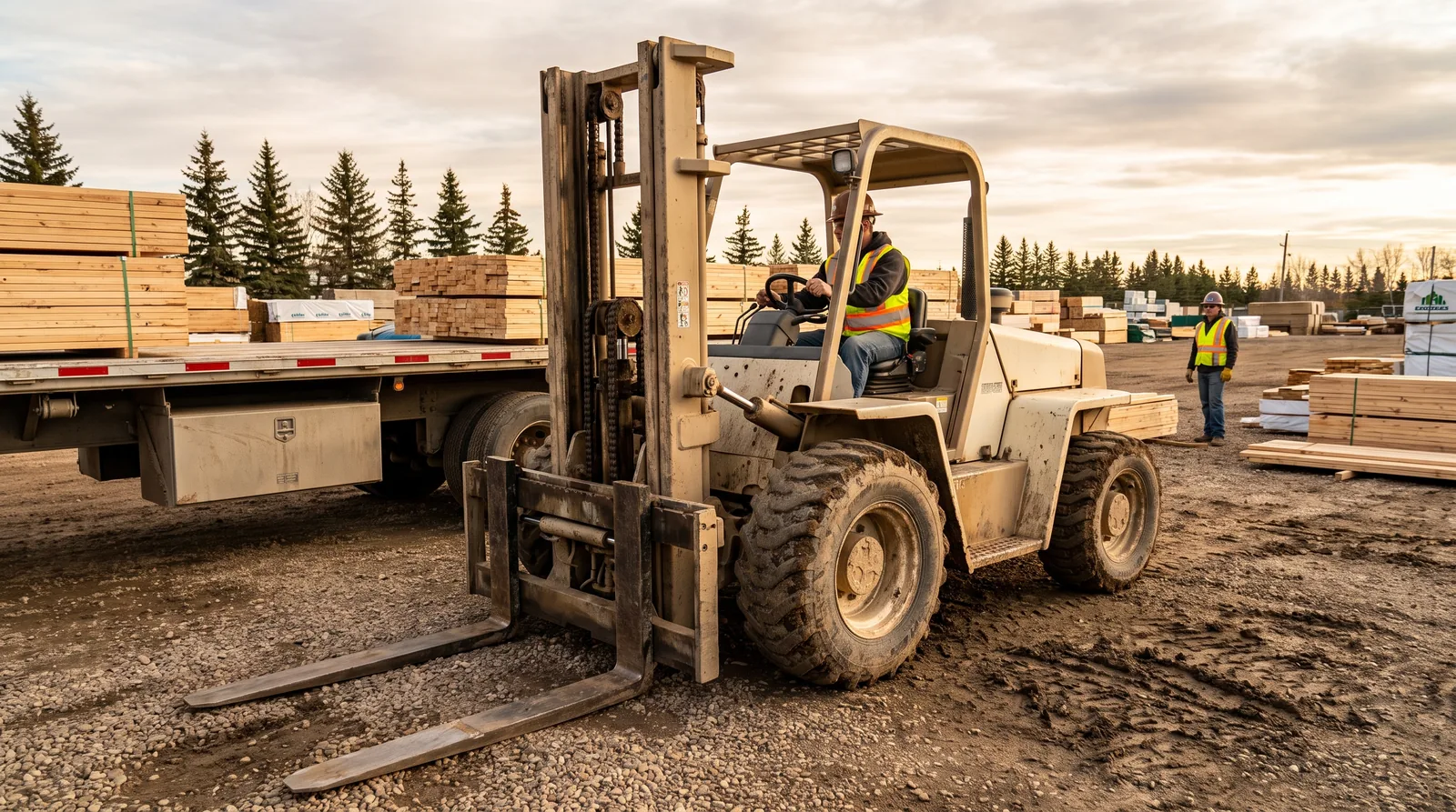 A dusty cream rough terrain forklift parked on gravel beside a flatbed trailer in a lumber yard at sunset