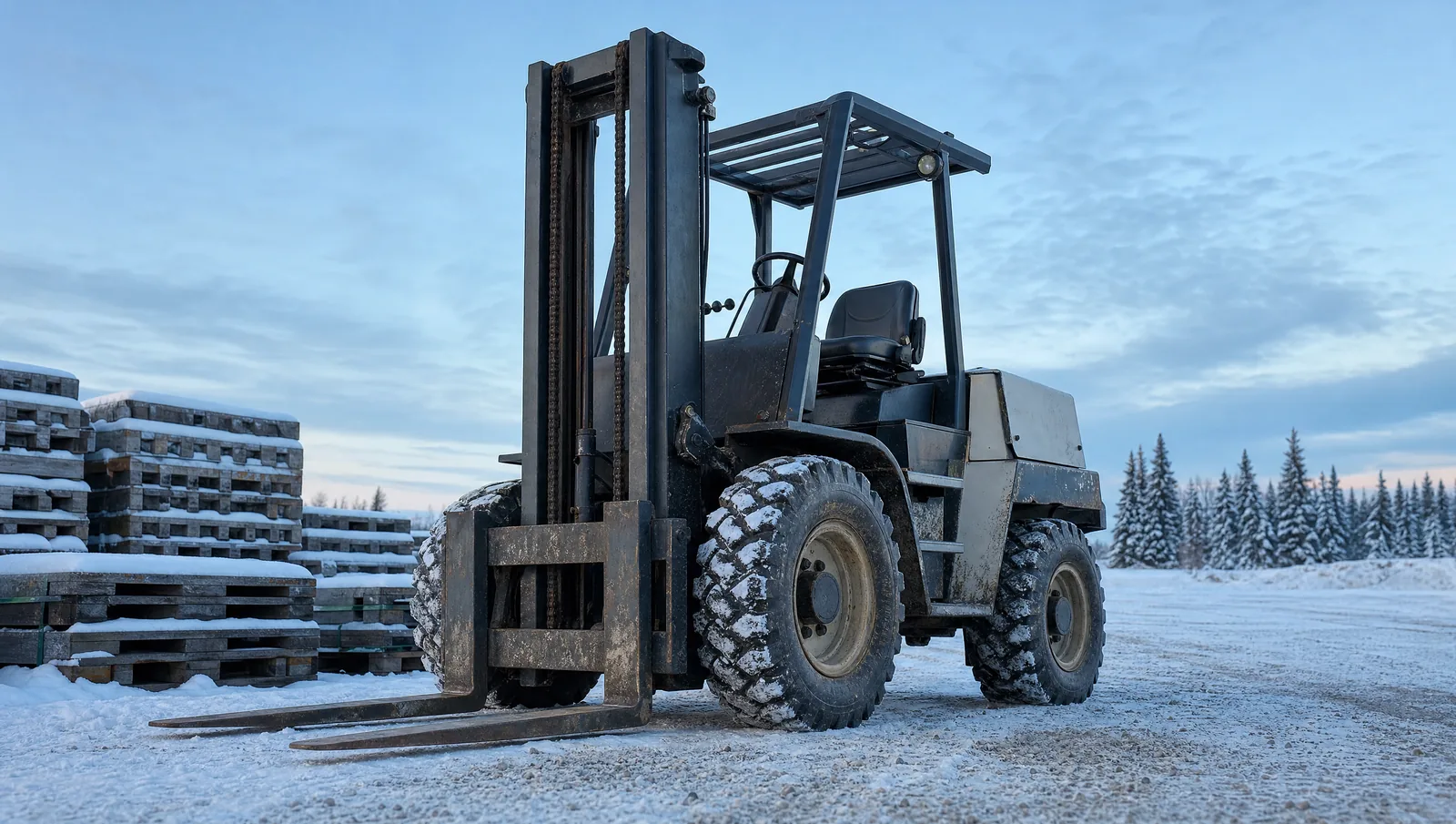 A weathered rough terrain forklift parked on packed snow with its vertical mast fully lowered and both forks resting flat on the ground
