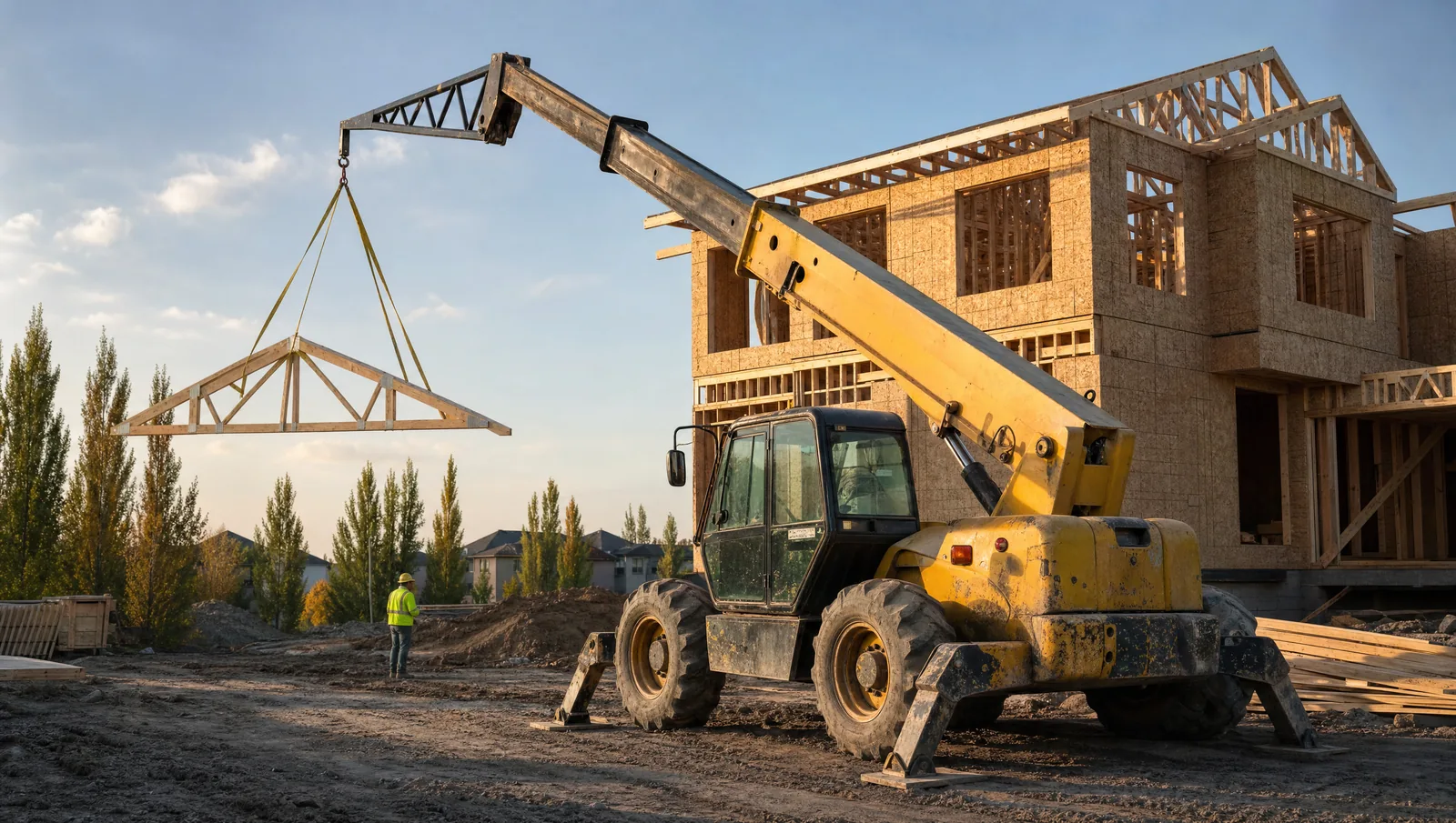 A large yellow rough-terrain telescopic handler stands on a dirt building lot with its front stabilizer legs folded down onto pads