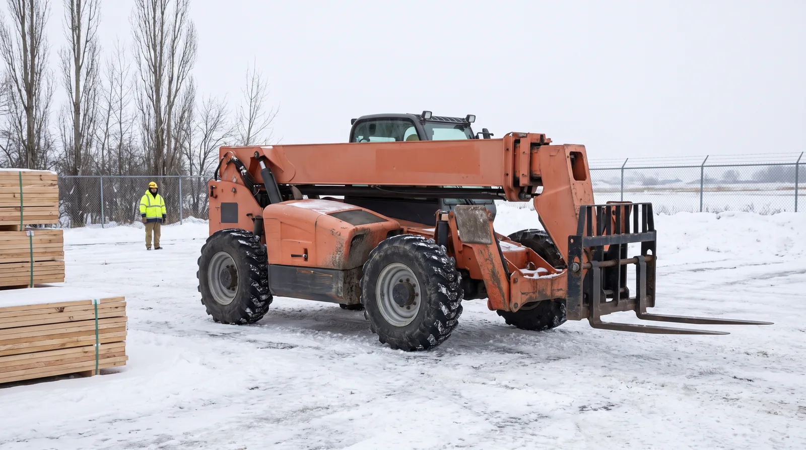 A large orange rough-terrain telescopic handler on a snow-packed equipment yard under flat overcast light