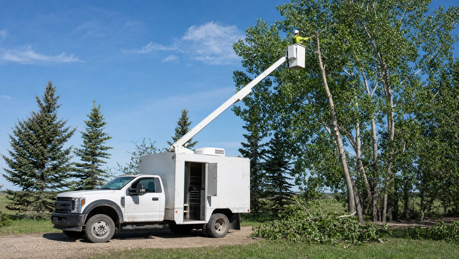 A white four-wheel-drive service truck with an enclosed walk-in box body parked on a gravel acreage driveway