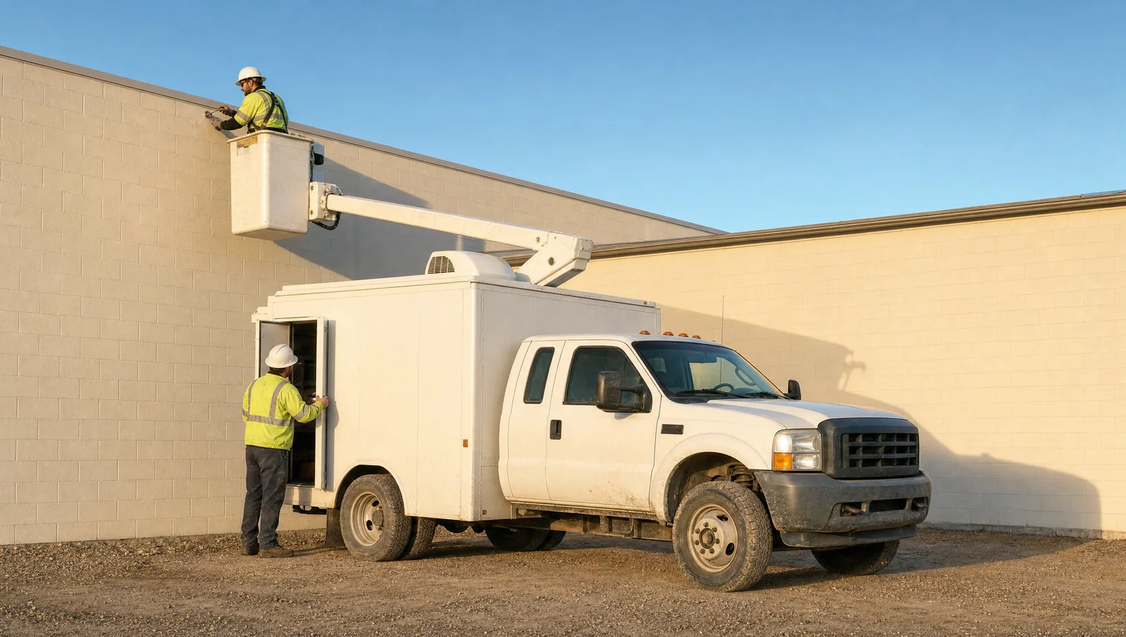 A white four-wheel-drive service truck with an enclosed walk-in box body parked beside a single-storey block building