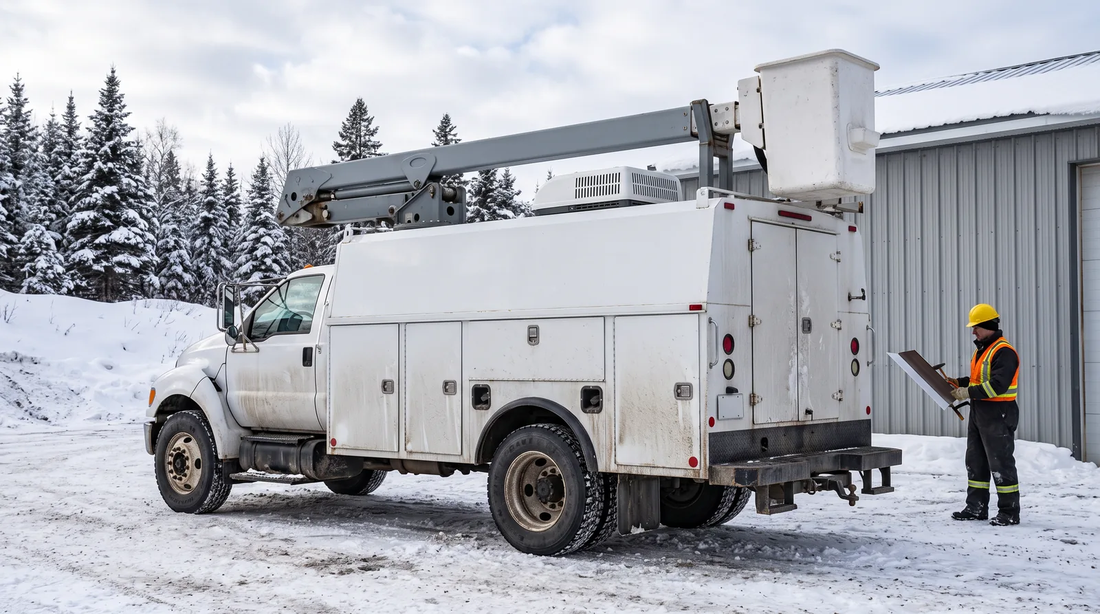 Rear three-quarter view of a white medium-duty service truck with an enclosed walk-in box body on packed snow beside a metal-clad shop